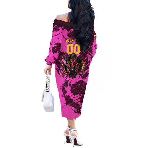 Personalised Brisbane Broncos Off The Shoulder Long Sleeve Dress Fierce Horse Mascot In Pink Aboriginal Dot Art Style