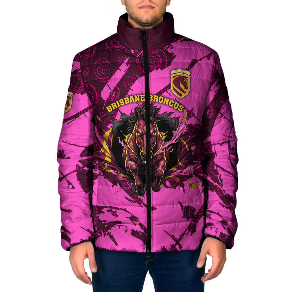 Personalised Brisbane Broncos Padded Jacket Fierce Horse Mascot In Pink Aboriginal Dot Art Style