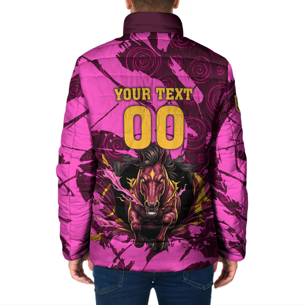 Personalised Brisbane Broncos Padded Jacket Fierce Horse Mascot In Pink Aboriginal Dot Art Style