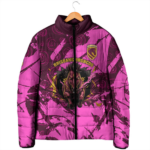 Personalised Brisbane Broncos Padded Jacket Fierce Horse Mascot In Pink Aboriginal Dot Art Style