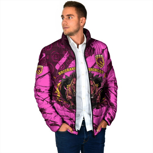 Personalised Brisbane Broncos Padded Jacket Fierce Horse Mascot In Pink Aboriginal Dot Art Style