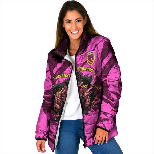 Personalised Brisbane Broncos Padded Jacket Fierce Horse Mascot In Pink Aboriginal Dot Art Style