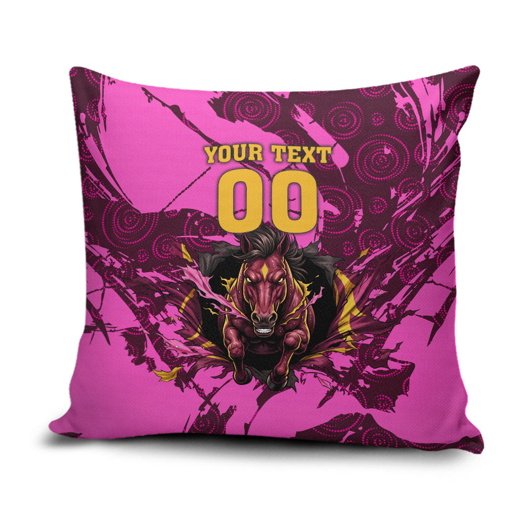 Personalised Brisbane Broncos Pillow Cover Fierce Horse Mascot In Pink Aboriginal Dot Art Style