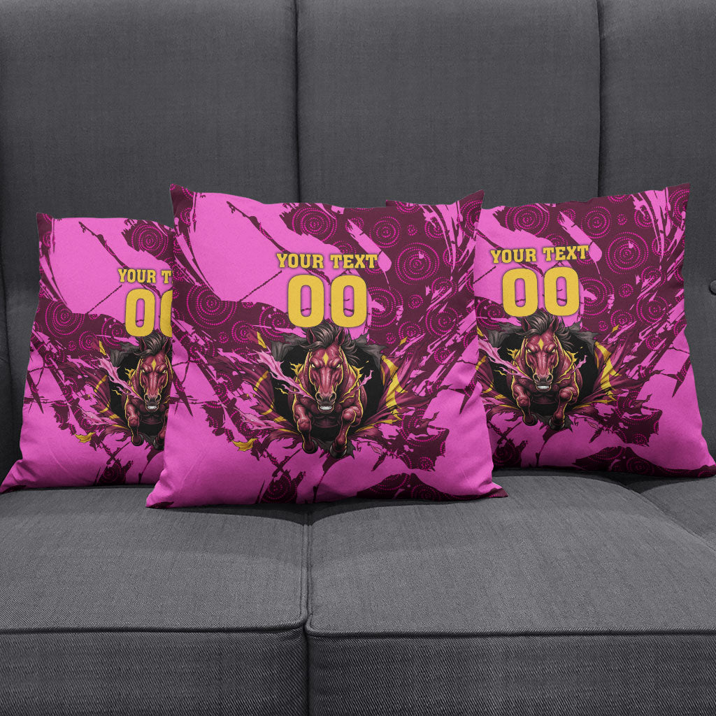 Personalised Brisbane Broncos Pillow Cover Fierce Horse Mascot In Pink Aboriginal Dot Art Style