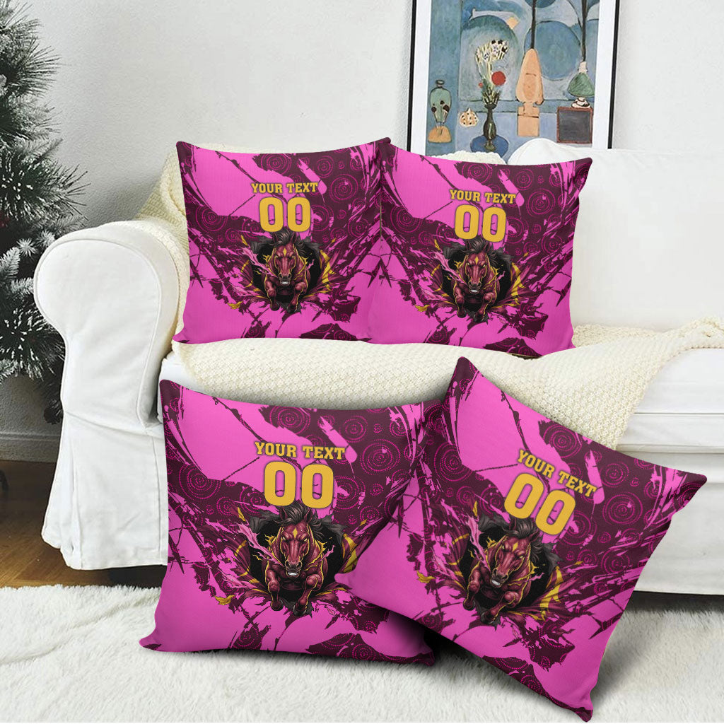 Personalised Brisbane Broncos Pillow Cover Fierce Horse Mascot In Pink Aboriginal Dot Art Style