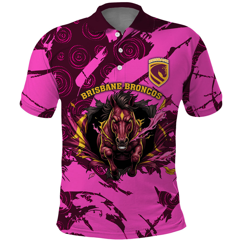 Personalised Brisbane Broncos Polo Shirt Fierce Horse Mascot In Pink Aboriginal Dot Art Style