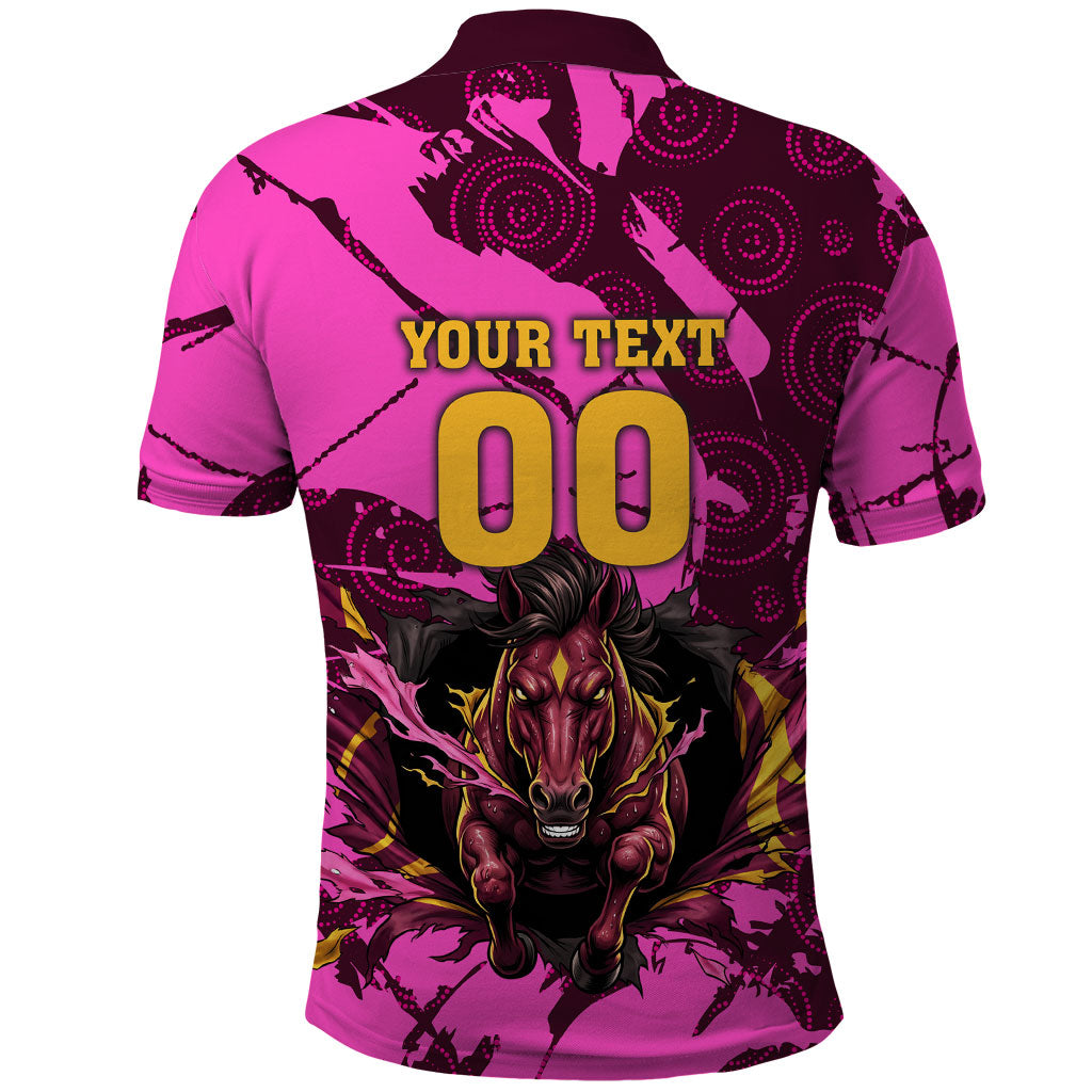Personalised Brisbane Broncos Polo Shirt Fierce Horse Mascot In Pink Aboriginal Dot Art Style