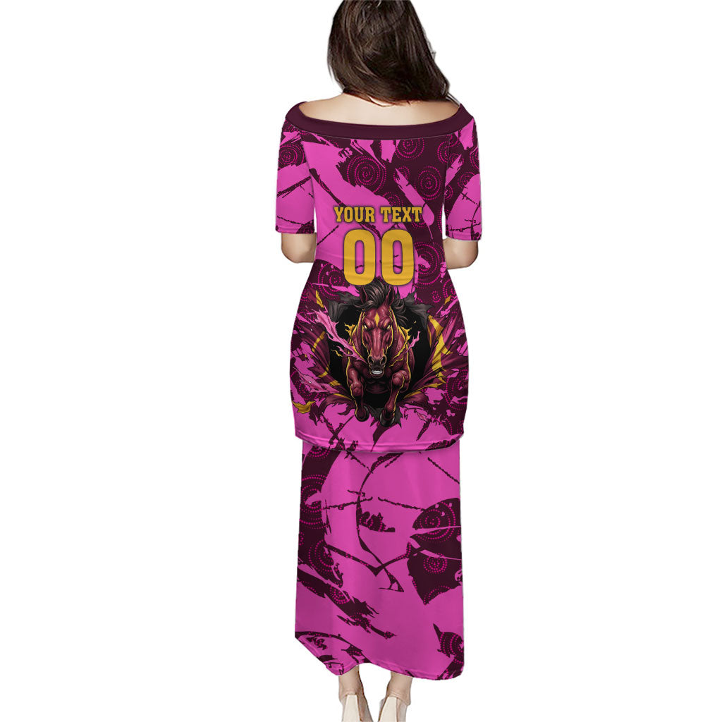 Personalised Brisbane Broncos Puletasi Fierce Horse Mascot In Pink Aboriginal Dot Art Style
