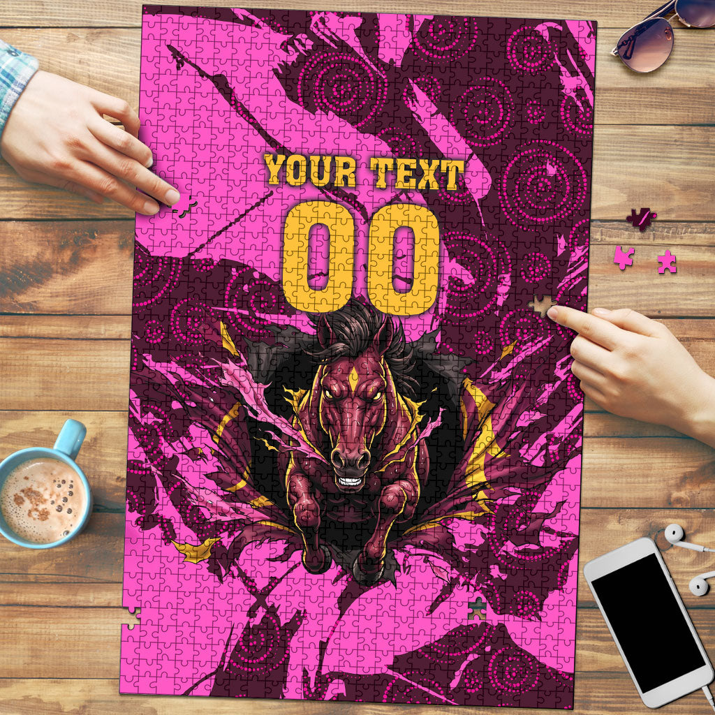 Personalised Brisbane Broncos Puzzle Fierce Horse Mascot In Pink Aboriginal Dot Art Style