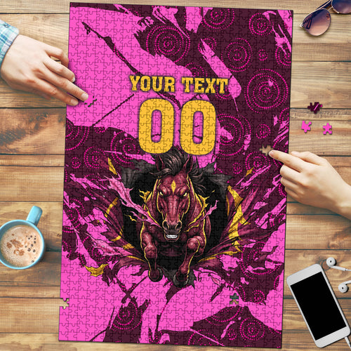 Personalised Brisbane Broncos Puzzle Fierce Horse Mascot In Pink Aboriginal Dot Art Style