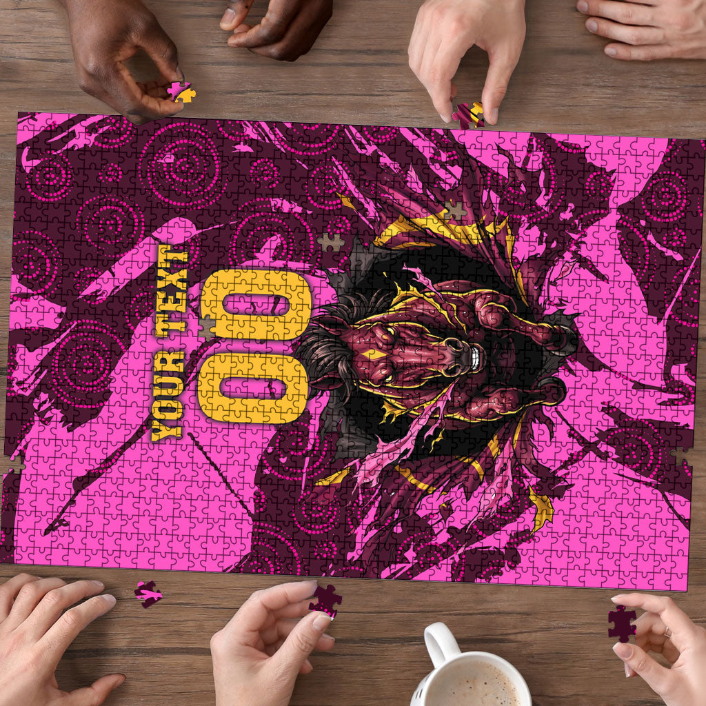 Personalised Brisbane Broncos Puzzle Fierce Horse Mascot In Pink Aboriginal Dot Art Style