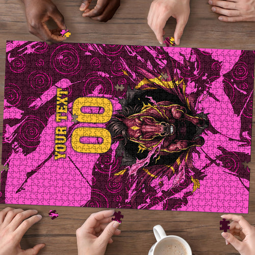 Personalised Brisbane Broncos Puzzle Fierce Horse Mascot In Pink Aboriginal Dot Art Style