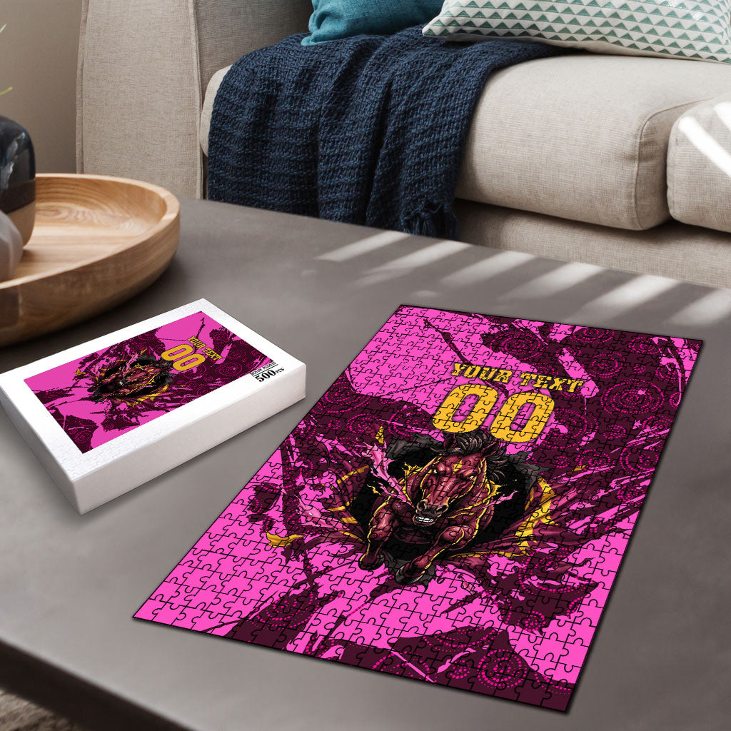 Personalised Brisbane Broncos Puzzle Fierce Horse Mascot In Pink Aboriginal Dot Art Style