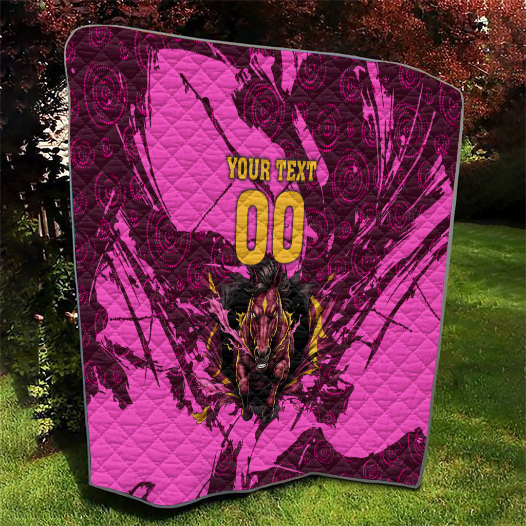 Personalised Brisbane Broncos Quilt Fierce Horse Mascot In Pink Aboriginal Dot Art Style