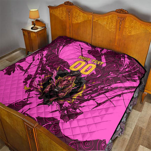 Personalised Brisbane Broncos Quilt Fierce Horse Mascot In Pink Aboriginal Dot Art Style