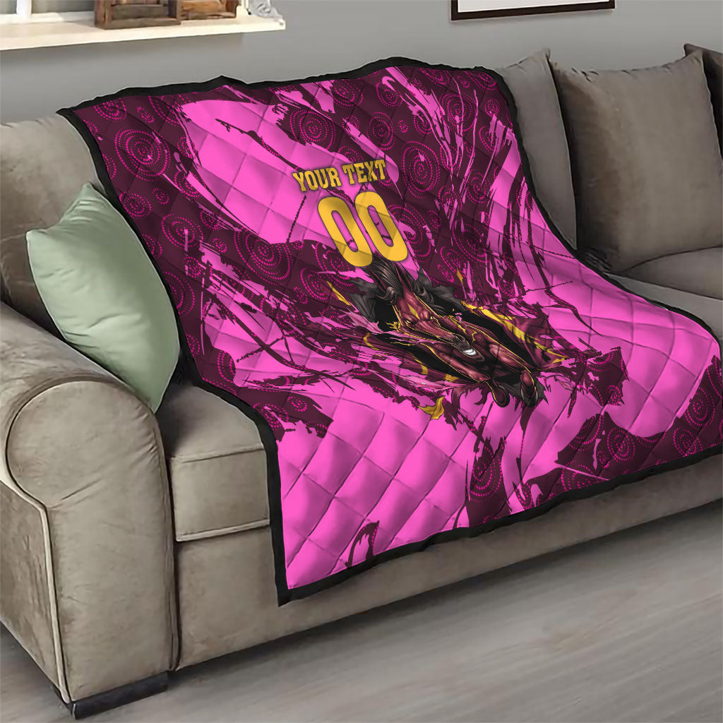 Personalised Brisbane Broncos Quilt Fierce Horse Mascot In Pink Aboriginal Dot Art Style