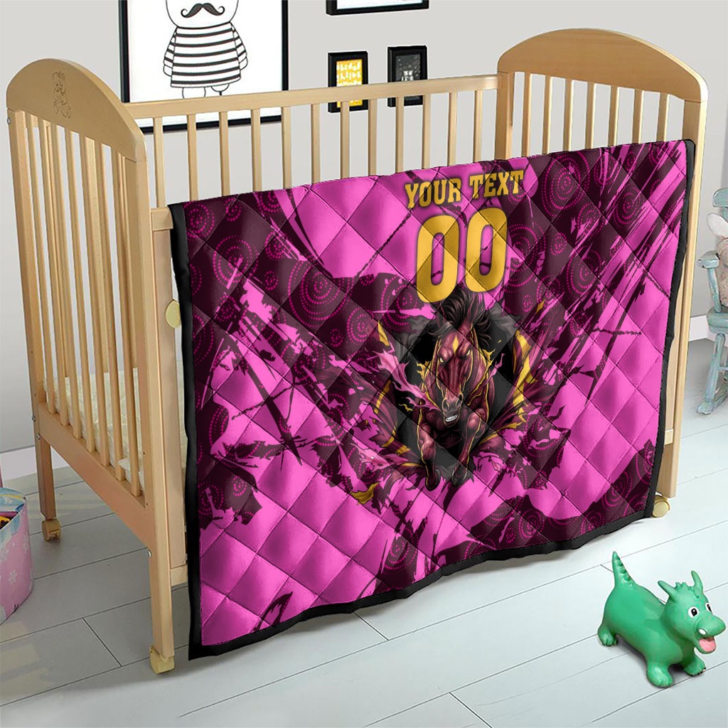 Personalised Brisbane Broncos Quilt Fierce Horse Mascot In Pink Aboriginal Dot Art Style