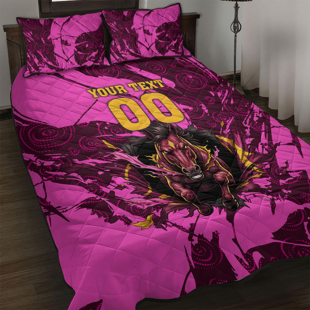 Personalised Brisbane Broncos Quilt Bed Set Fierce Horse Mascot In Pink Aboriginal Dot Art Style