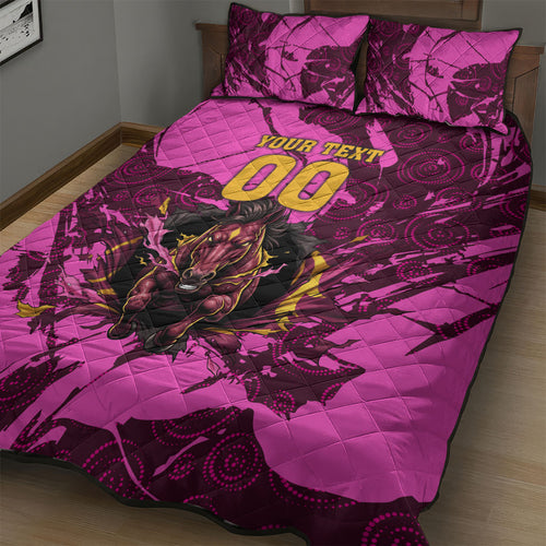 Personalised Brisbane Broncos Quilt Bed Set Fierce Horse Mascot In Pink Aboriginal Dot Art Style