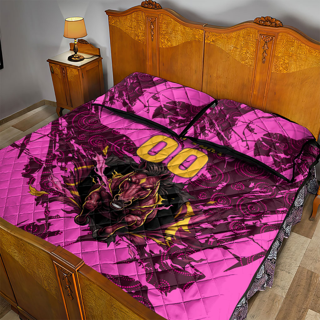 Personalised Brisbane Broncos Quilt Bed Set Fierce Horse Mascot In Pink Aboriginal Dot Art Style
