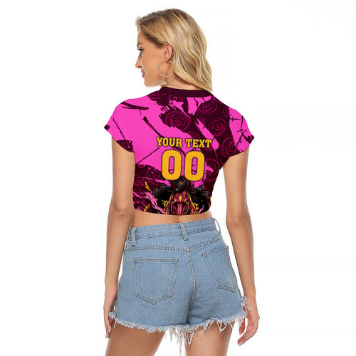 Personalised Brisbane Broncos Raglan Cropped T Shirt Fierce Horse Mascot In Pink Aboriginal Dot Art Style