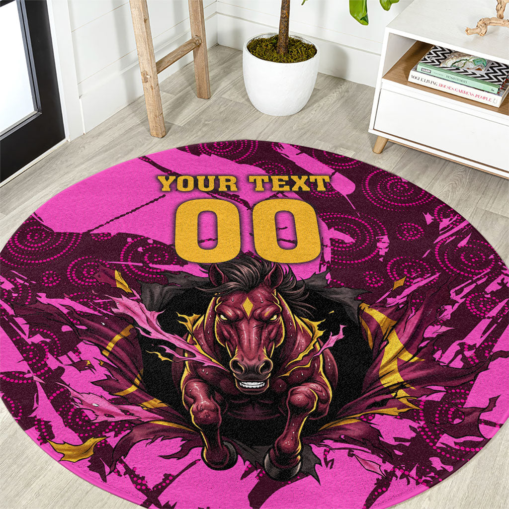 Personalised Brisbane Broncos Round Carpet Fierce Horse Mascot In Pink Aboriginal Dot Art Style