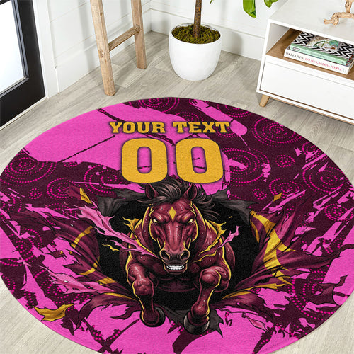 Personalised Brisbane Broncos Round Carpet Fierce Horse Mascot In Pink Aboriginal Dot Art Style