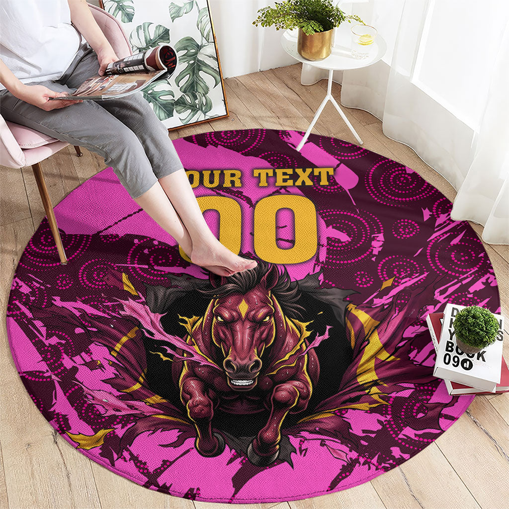 Personalised Brisbane Broncos Round Carpet Fierce Horse Mascot In Pink Aboriginal Dot Art Style