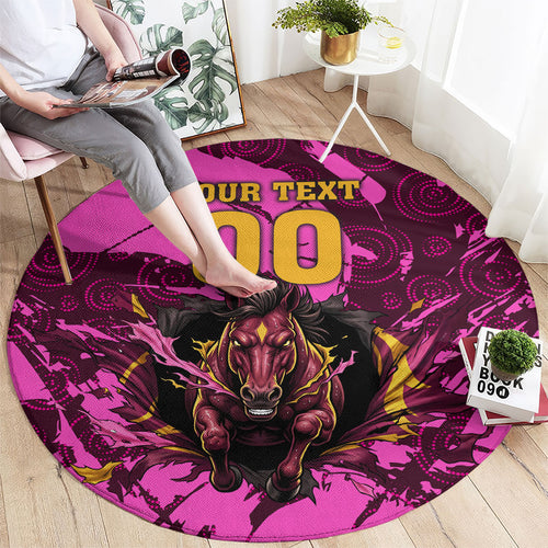 Personalised Brisbane Broncos Round Carpet Fierce Horse Mascot In Pink Aboriginal Dot Art Style