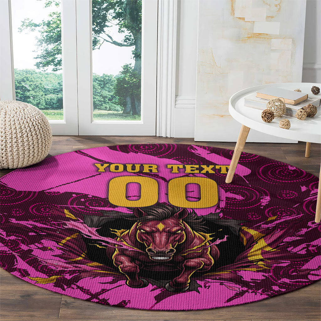 Personalised Brisbane Broncos Round Carpet Fierce Horse Mascot In Pink Aboriginal Dot Art Style