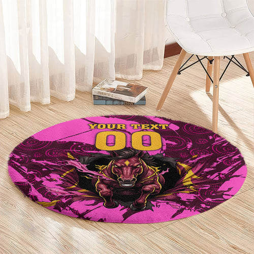 Personalised Brisbane Broncos Round Carpet Fierce Horse Mascot In Pink Aboriginal Dot Art Style