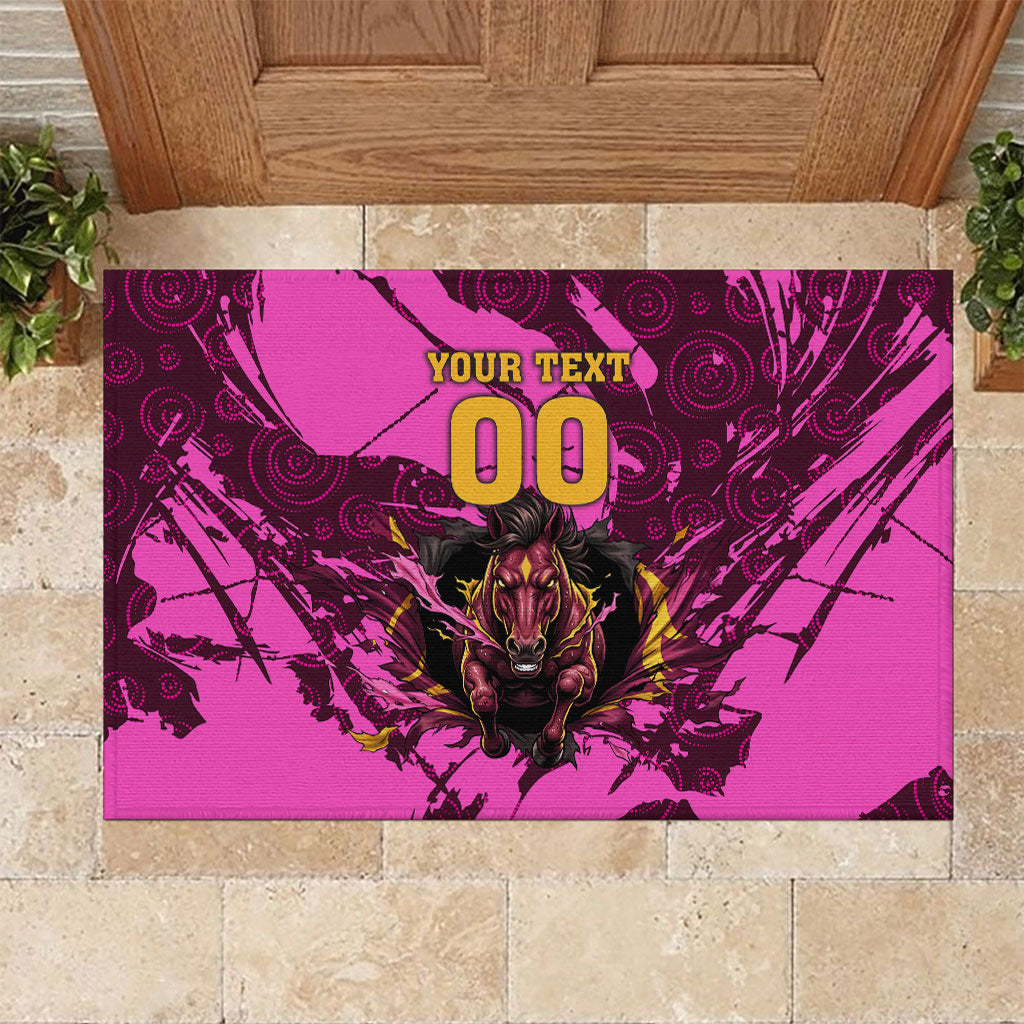 Personalised Brisbane Broncos Rubber Doormat Fierce Horse Mascot In Pink Aboriginal Dot Art Style