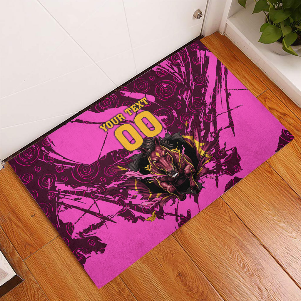 Personalised Brisbane Broncos Rubber Doormat Fierce Horse Mascot In Pink Aboriginal Dot Art Style