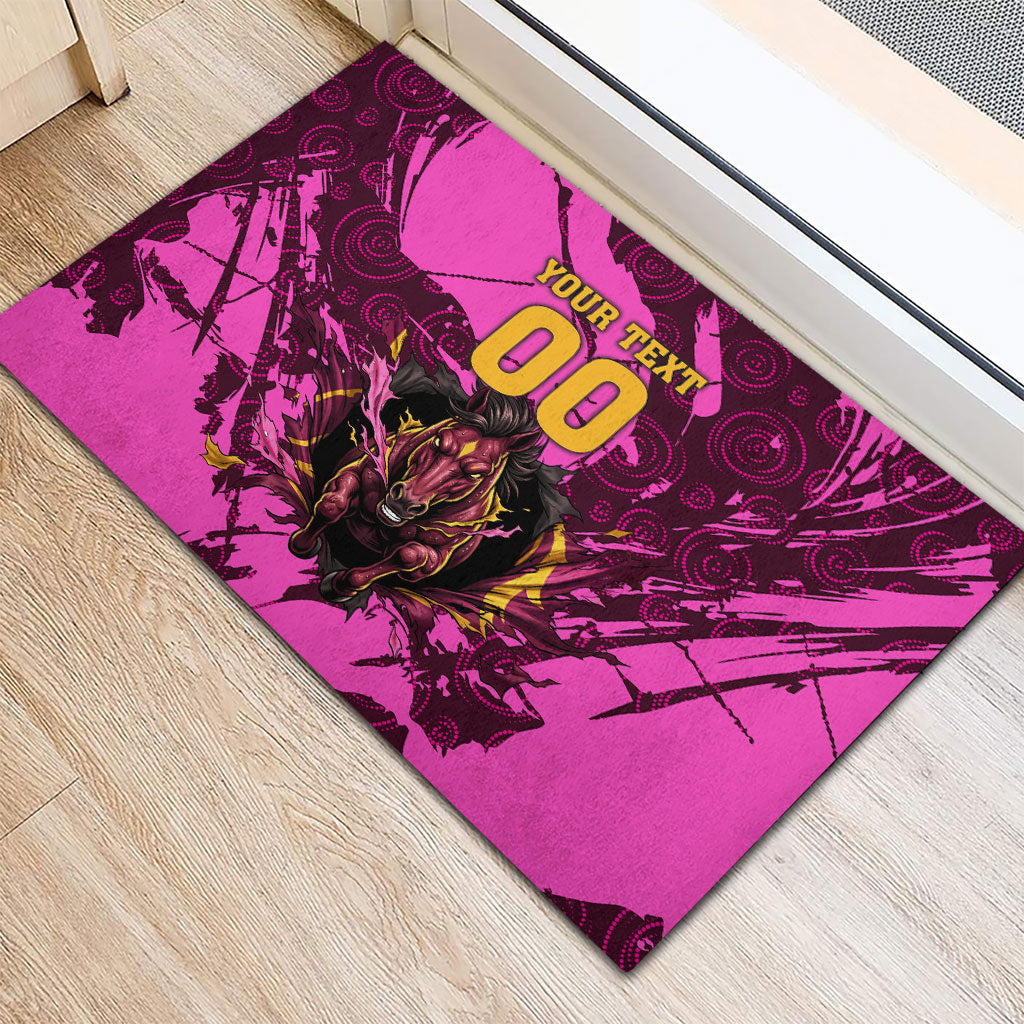 Personalised Brisbane Broncos Rubber Doormat Fierce Horse Mascot In Pink Aboriginal Dot Art Style