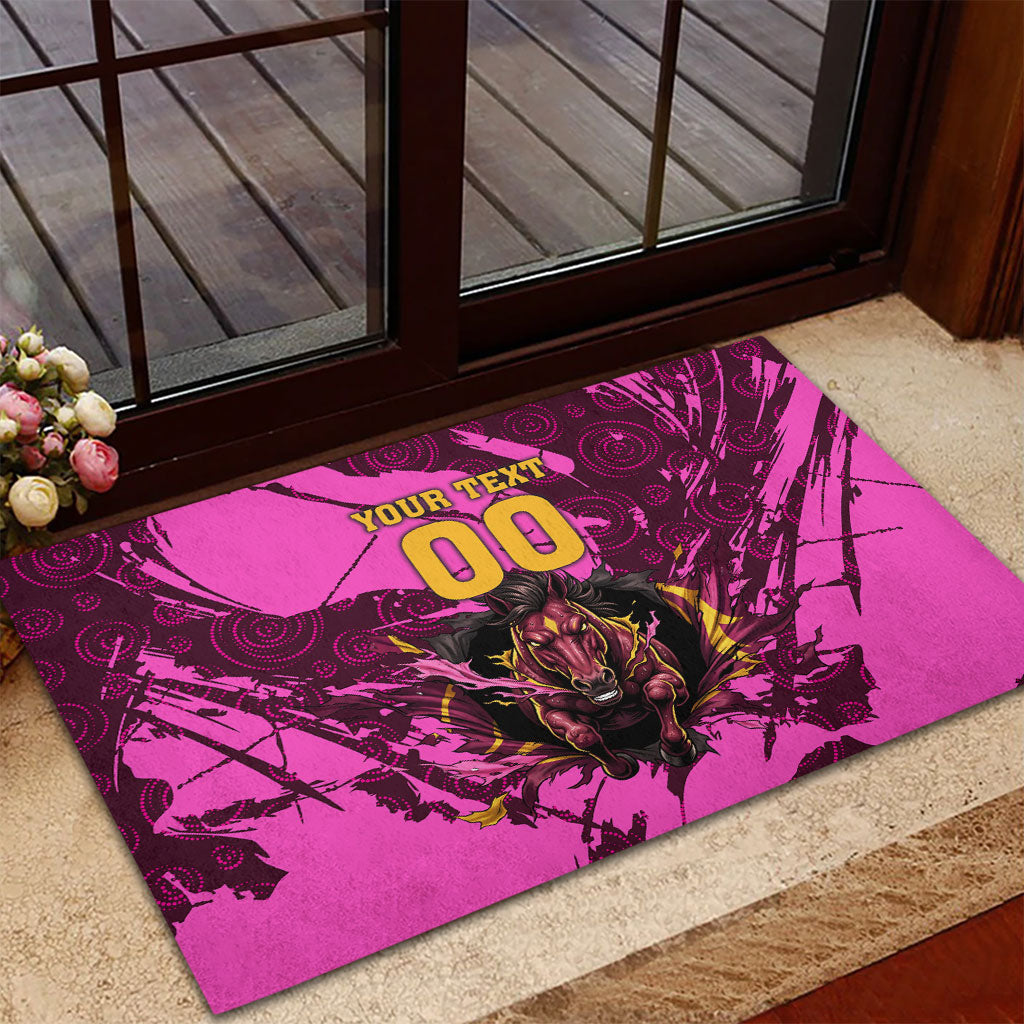 Personalised Brisbane Broncos Rubber Doormat Fierce Horse Mascot In Pink Aboriginal Dot Art Style