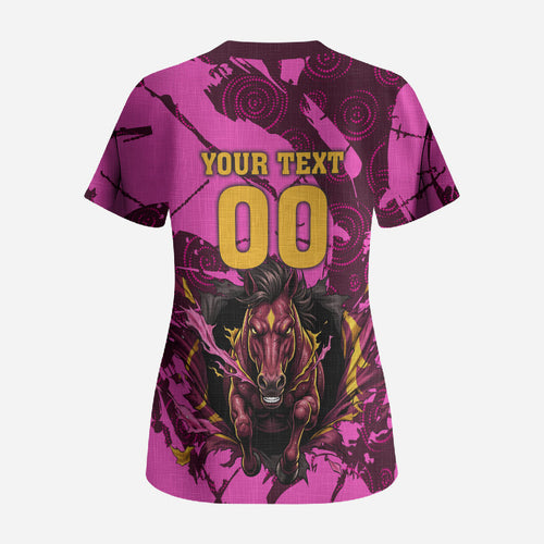 Personalised Brisbane Broncos Scrub Top Fierce Horse Mascot In Pink Aboriginal Dot Art Style
