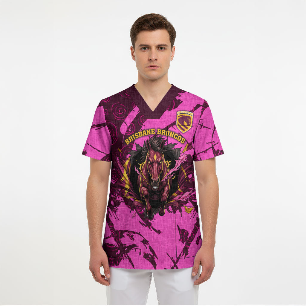 Personalised Brisbane Broncos Scrub Top Fierce Horse Mascot In Pink Aboriginal Dot Art Style