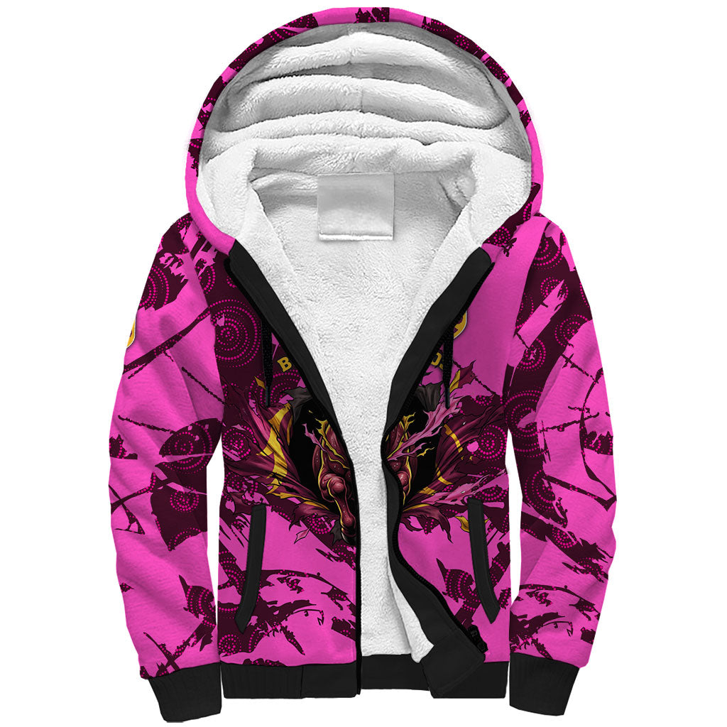 Personalised Brisbane Broncos Sherpa Hoodie Fierce Horse Mascot In Pink Aboriginal Dot Art Style
