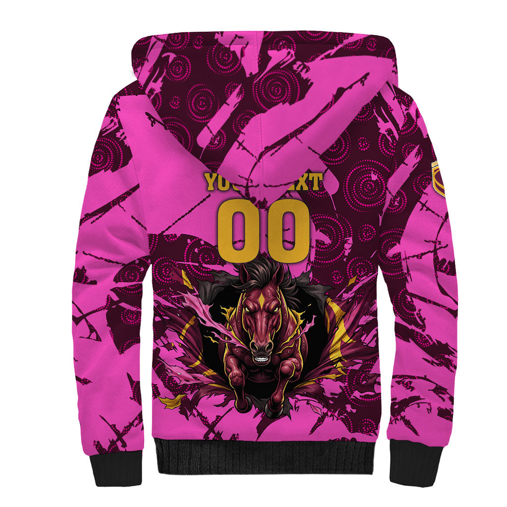 Personalised Brisbane Broncos Sherpa Hoodie Fierce Horse Mascot In Pink Aboriginal Dot Art Style
