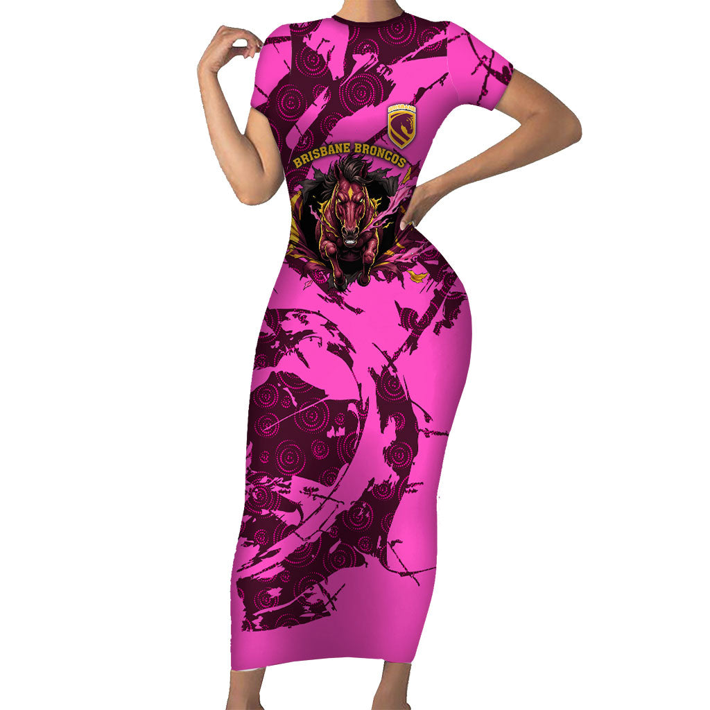 Personalised Brisbane Broncos Short Sleeve Bodycon Dress Fierce Horse Mascot In Pink Aboriginal Dot Art Style