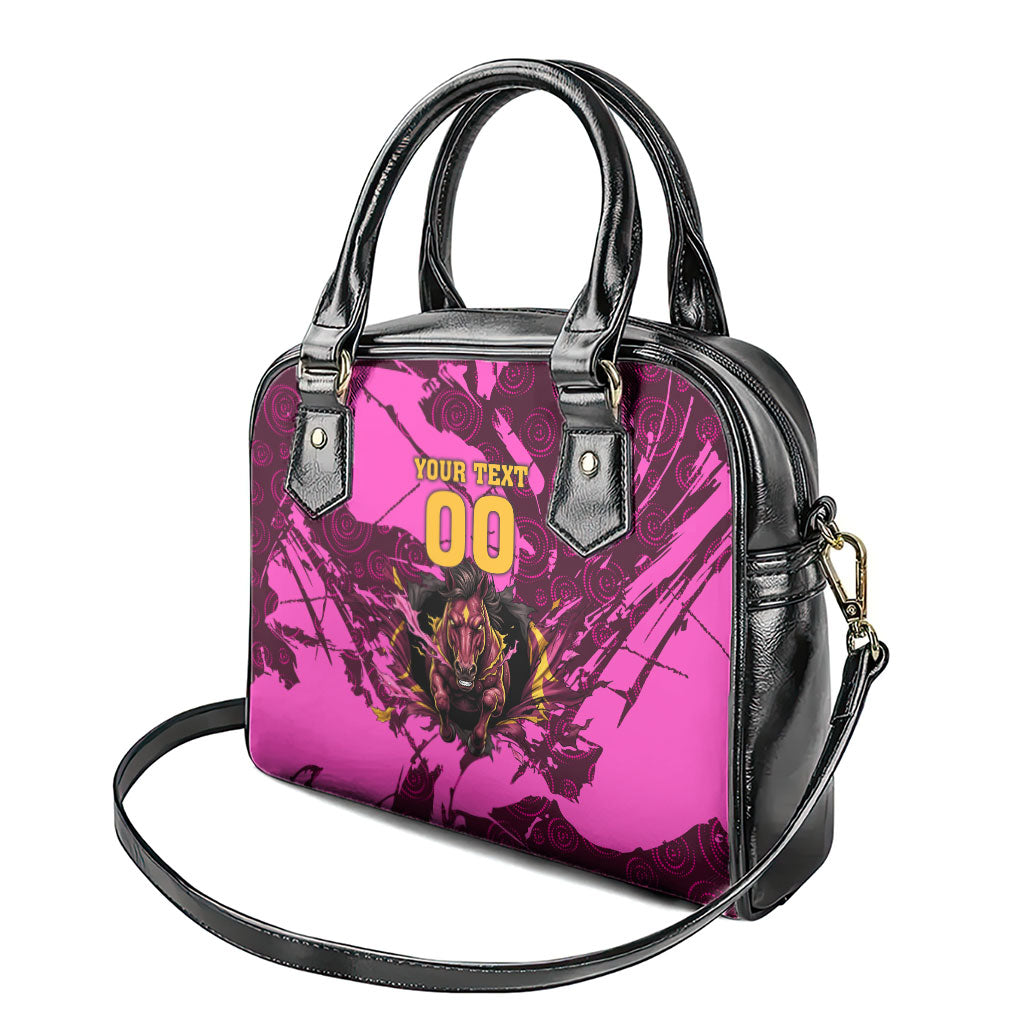 Personalised Brisbane Broncos Shoulder Handbag Fierce Horse Mascot In Pink Aboriginal Dot Art Style