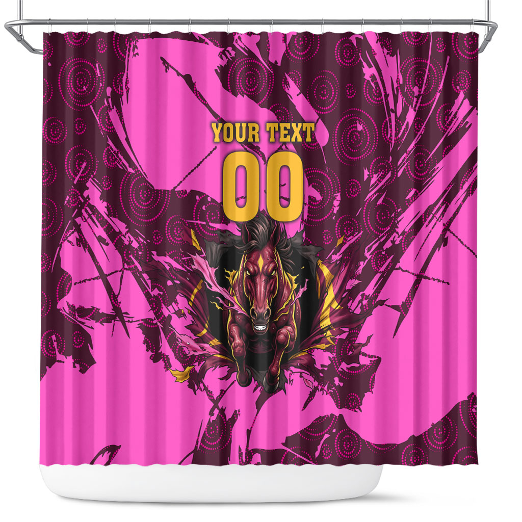 Personalised Brisbane Broncos Shower Curtain Fierce Horse Mascot In Pink Aboriginal Dot Art Style