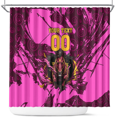 Personalised Brisbane Broncos Shower Curtain Fierce Horse Mascot In Pink Aboriginal Dot Art Style