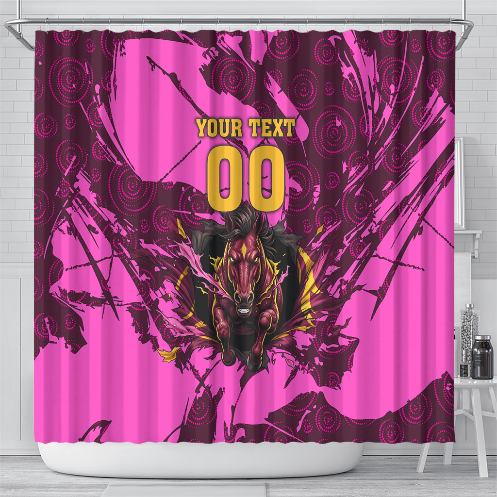 Personalised Brisbane Broncos Shower Curtain Fierce Horse Mascot In Pink Aboriginal Dot Art Style