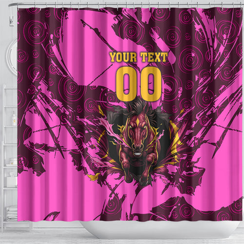 Personalised Brisbane Broncos Shower Curtain Fierce Horse Mascot In Pink Aboriginal Dot Art Style
