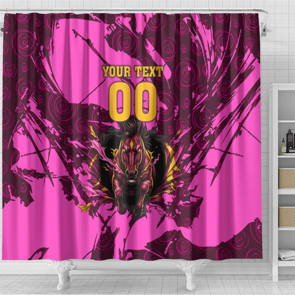 Personalised Brisbane Broncos Shower Curtain Fierce Horse Mascot In Pink Aboriginal Dot Art Style