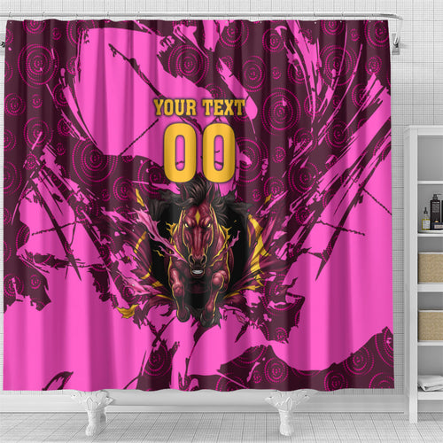 Personalised Brisbane Broncos Shower Curtain Fierce Horse Mascot In Pink Aboriginal Dot Art Style
