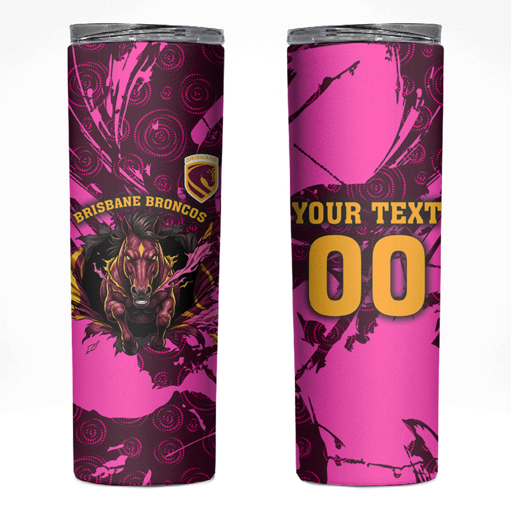Personalised Brisbane Broncos Skinny Tumbler Fierce Horse Mascot In Pink Aboriginal Dot Art Style