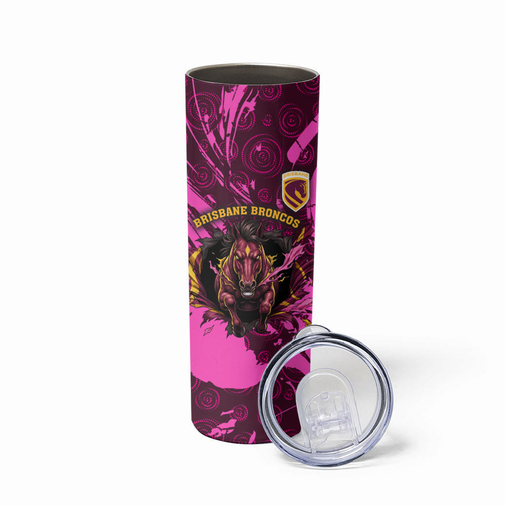 Personalised Brisbane Broncos Skinny Tumbler Fierce Horse Mascot In Pink Aboriginal Dot Art Style