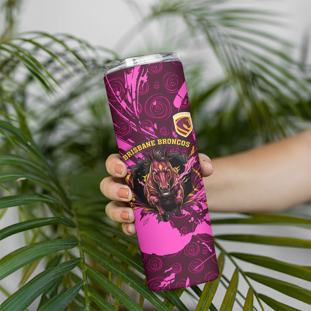 Personalised Brisbane Broncos Skinny Tumbler Fierce Horse Mascot In Pink Aboriginal Dot Art Style